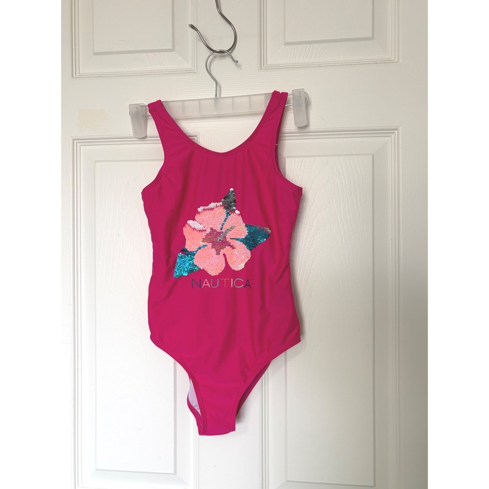 Nautica Girls Pink One Piece Swimsuit Hibiscus Sequin Graphic DO NOT‎ BUY